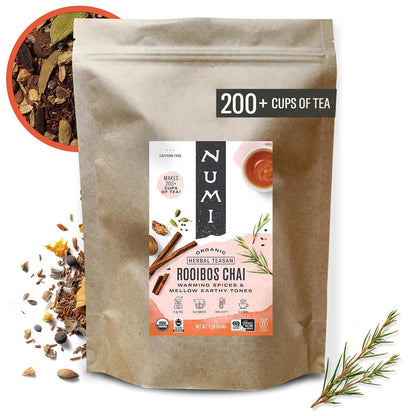 Numi Organic Rooibos Chai Tea, 18 Herbal Bags, Microplastic Free, Rich Flavor with Cinnamon, Allspice & Ginger, Caffeine Free