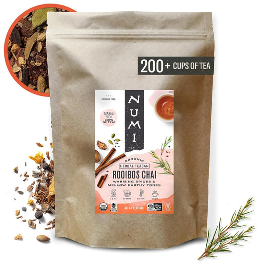 Numi Organic Rooibos Chai Tea, 18 Herbal Bags, Microplastic Free, Rich Flavor with Cinnamon, Allspice & Ginger, Caffeine Free