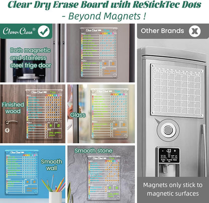 Clear Non-Magnetic Calendar Set for Fridge - Dry Erase Transparent Monthly and Weekly Calendar, List and Blank Whiteboard - Sticks to Wall, Glass, Door, Any Smooth Surfaces