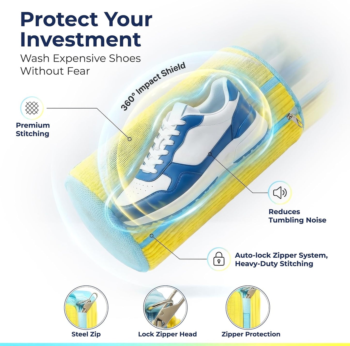 Shoe Washing Machine Bag (2 Pack) – 360° Thick Protection, Highly Durable Mesh Sneaker Washer w/Zipper Lock & Side Pockets – Deep Cleaning Sneaker Laundry Bag for Spotless Shoes