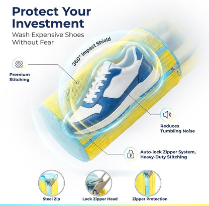 Shoe Washing Machine Bag (2 Pack) – 360° Thick Protection, Highly Durable Mesh Sneaker Washer w/Zipper Lock & Side Pockets – Deep Cleaning Sneaker Laundry Bag for Spotless Shoes