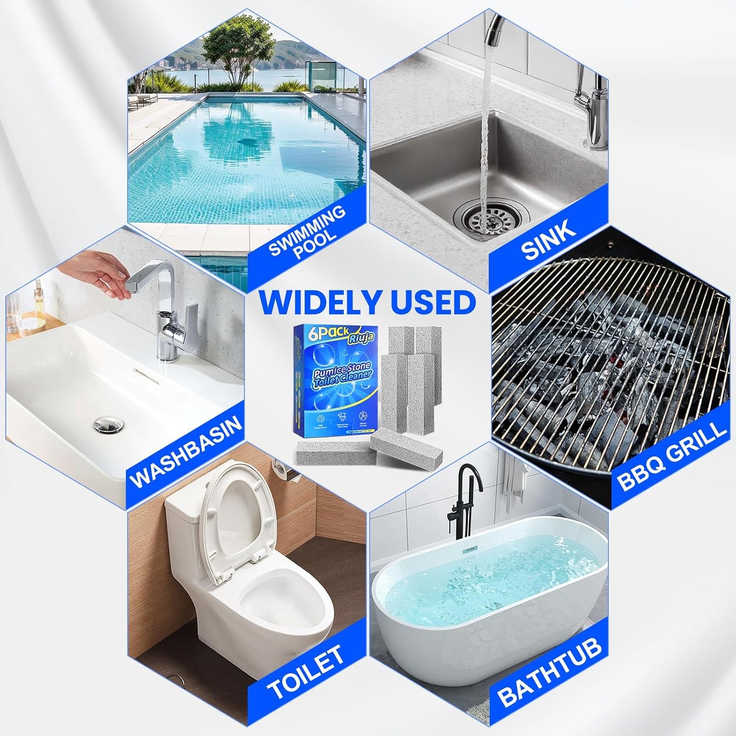 Riuja 6 Pack Pumice Stone Toilet Bowl Cleaner, Pumice Stone for Cleaning | Scouring Stick Removes Hard Water Ring & Rust Stain, Easy to Shape Powerfully Cleans Toilets, Ceramic, Grill, Tub, Pool, Sink