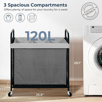 STO STO Laundry Hamper 2 Section, 100L Rolling Laundry Sorter Cart with Removable and Washable Liner Bag, Clothes Hamper with Wheels and Metal Handle for Laundry Room and Bedroom