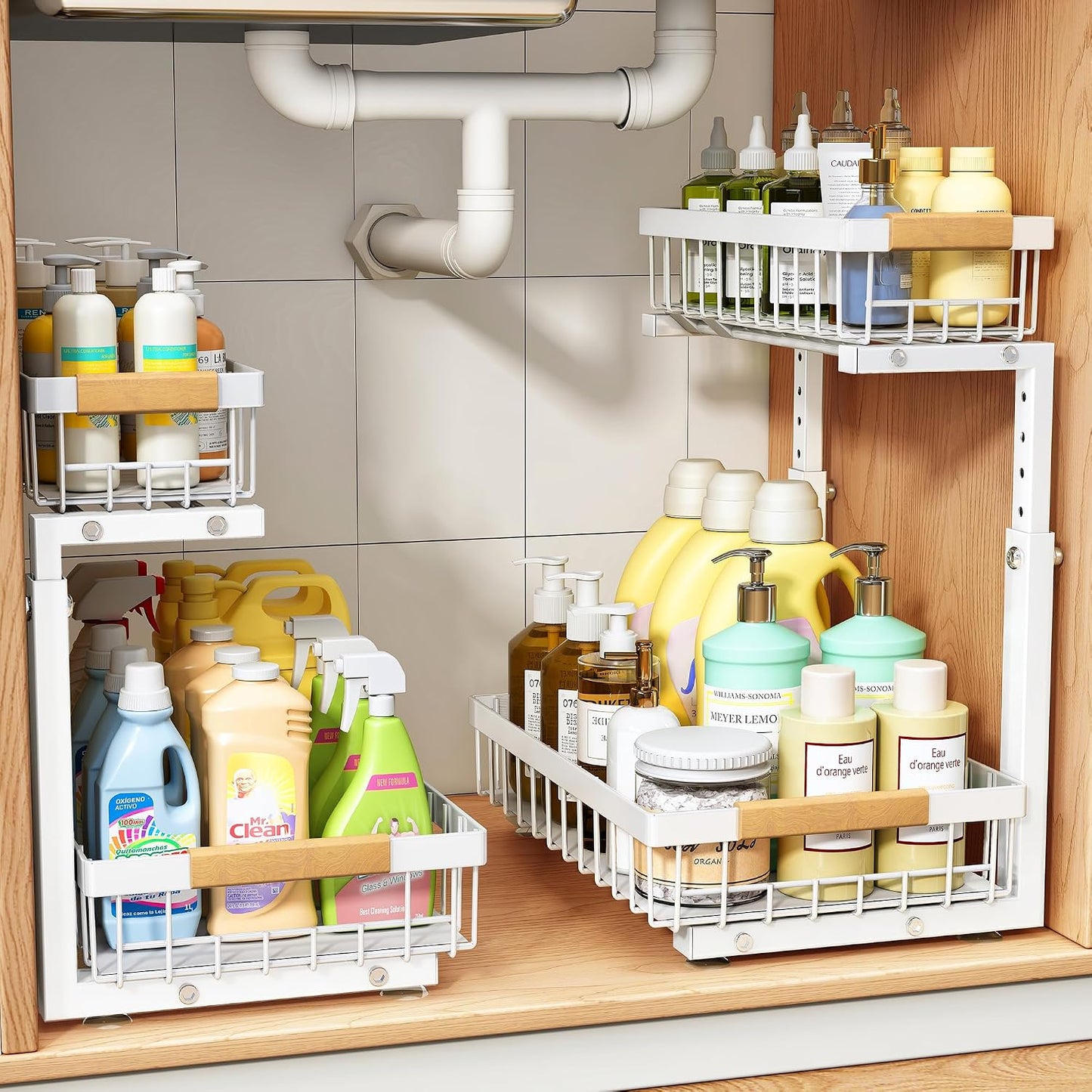 PXRACK Under Sink Organizer, Adjustable Height, 2 Tier Pull Out Under Cabinet Organizer, Slide Out Thickened Metal Under Sink Storage for Kitchen Bathroom Laundry Pantry Cabinet, White, Large-2-Pack