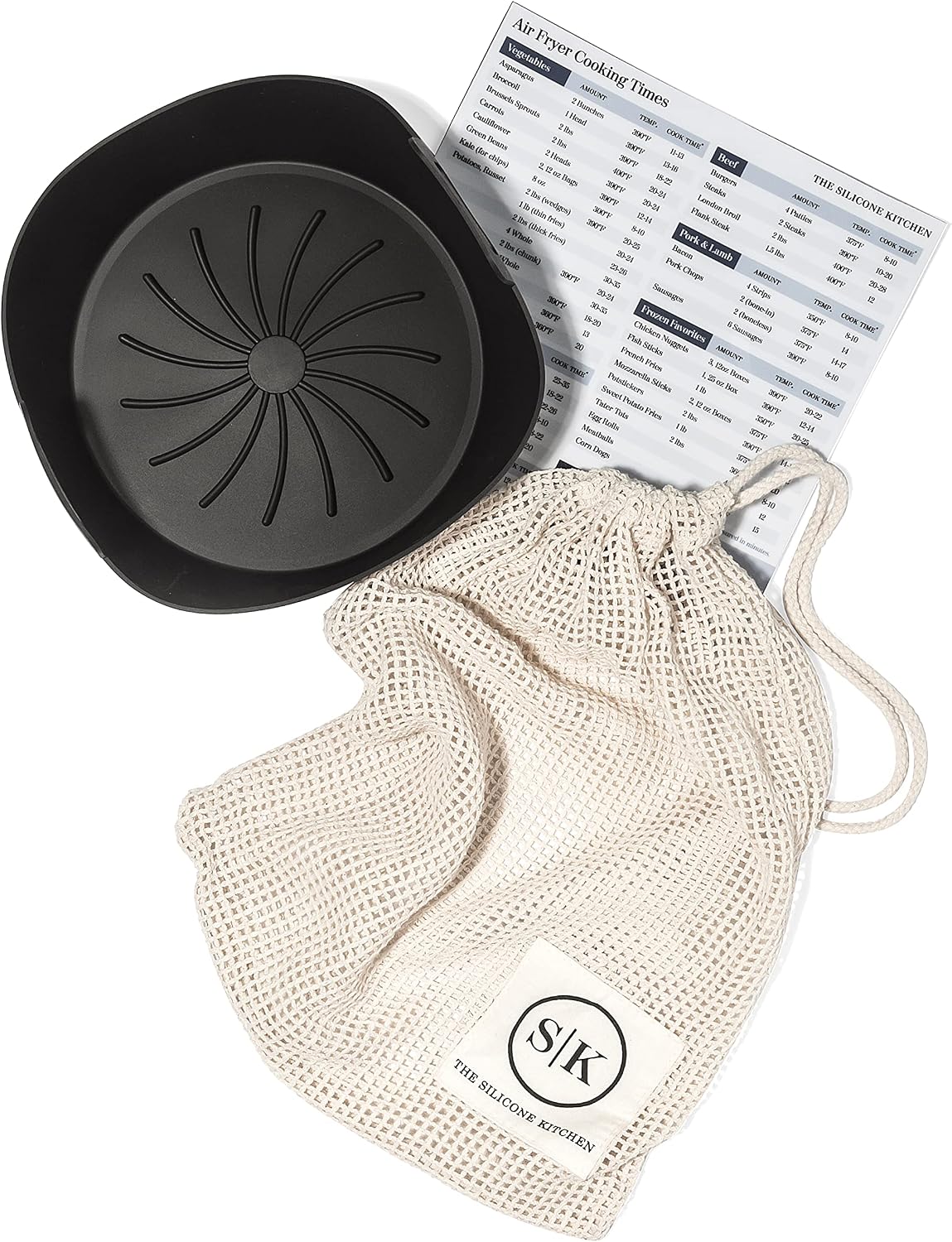 The Silicone Kitchen Reusable Silicone Air Fryer Liner with Conversion Chart Magnet, Dishwasher Safe, BPA Free, 7.5 Inch Diameter, Matte Black