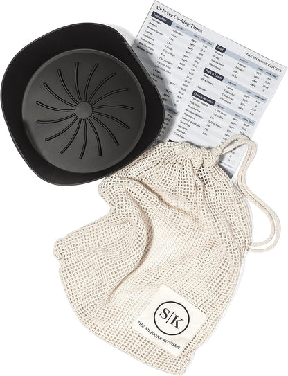 The Silicone Kitchen Reusable Silicone Air Fryer Liner with Conversion Chart Magnet, Dishwasher Safe, BPA Free, 7.5 Inch Diameter, Matte Black