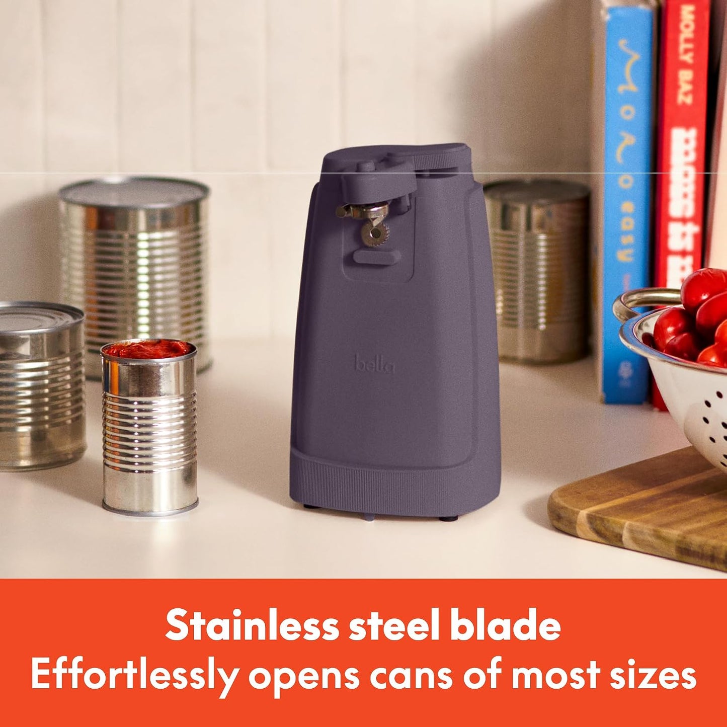 bella Automatic Can Opener, Hands Free, Battery Operated, Cordless, Stainless steel blade to open any Size Can with Magnet to Safely Remove Lid, Seamless Opening Decreases Sharp Edges, Slate