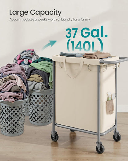 SONGMICS Laundry Basket with Wheels, 4-Section Rolling Laundry Hamper, 68.6 Gallons (260 L), Removable Liner, Steel Frame with Handle, 43.3 x 15.4 x 31.9 Inches, Cream White URLS014W01