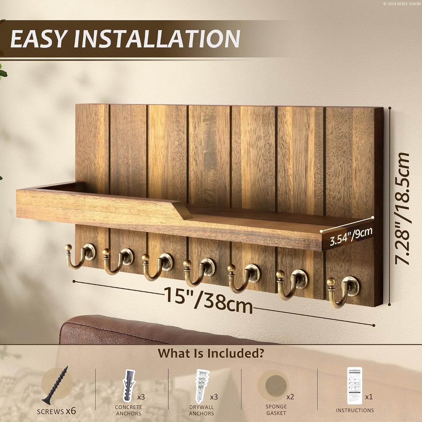 Rebee Vision Key Holder Wall Mount with 5 Key Hooks for Home Decor, Brown | 3.54'' x 10'' x 7.28'', Small Shelf for Display Plant, Key Hangers for Hat, Entryway Space-Saving Storage
