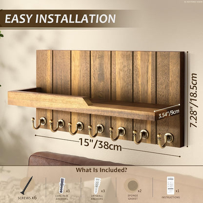 Rebee Vision Key Holder Wall Mount with 5 Key Hooks for Home Decor, Brown | 3.54'' x 10'' x 7.28'', Small Shelf for Display Plant, Key Hangers for Hat, Entryway Space-Saving Storage