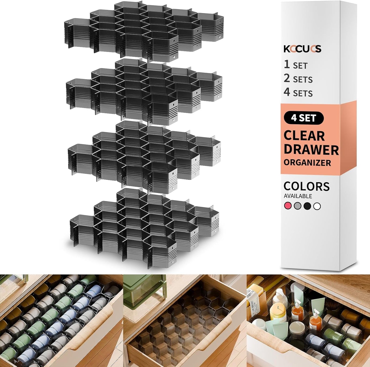 Honeycomb Separator Adjustable Drawer Organizer Divider for Underwear Belt-Scarf Socks Organizer (White(2pcs))