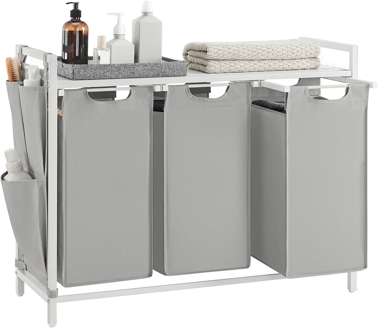 VASAGLE Laundry Hamper, Laundry Basket Sorter with 3 Pull-Out and Removable Bags, Shelf, Metal Frame, 3 x 10.6 Gallons (40 L), 36.4 x 13 x 28.4 Inches, Cappuccino Beige and Natural Beige UBLH301LH01