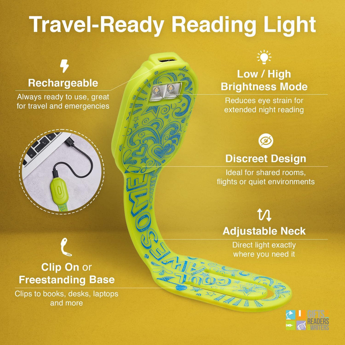 Gifts for Readers & Writers Rechargeable Book Light for Kids, Clip On Reading Light for Bed, 2in1 Flexilight Pals & Bookmark, 12 Hours of Light Once Charged, Includes USB Cable & 2 LED Lights, Dog