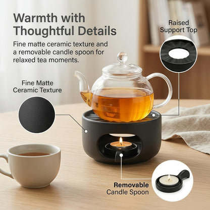 Ceramic Teapot Warmer with Removable Candle Spoon, Tea Pot Warmer Base | Deep matte black finish; 4.72 in low-profile base fits flat-bottom glass or ceramic teapots and uses a standard tealight.