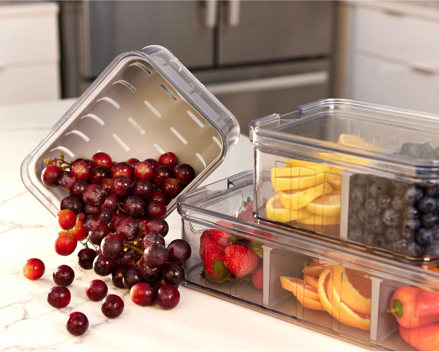 iDesign Small Fridge Berry Bin with Removable Colander Basket and Lid - Set of 2 - Clear/White