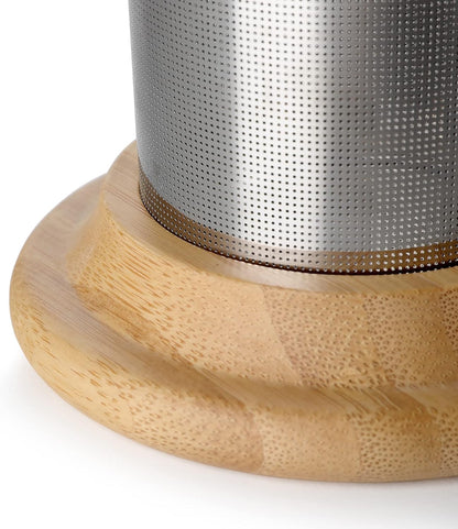 VIVA Minima Balance Glass Infuser Tea Cup - 17 oz / 500 ml Mug with Stainless Steel Infusion Mesh and Bamboo Wood Lid