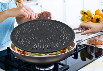 XL 11.5" Silicone Splatter Screen Shield- Multi Use Cover w Foldable Handle | Features Built in Water Strainer, Protect from Oil, Grease with Shield Guard- Fits Most Kitchen Frying Pans, Heat Resistant