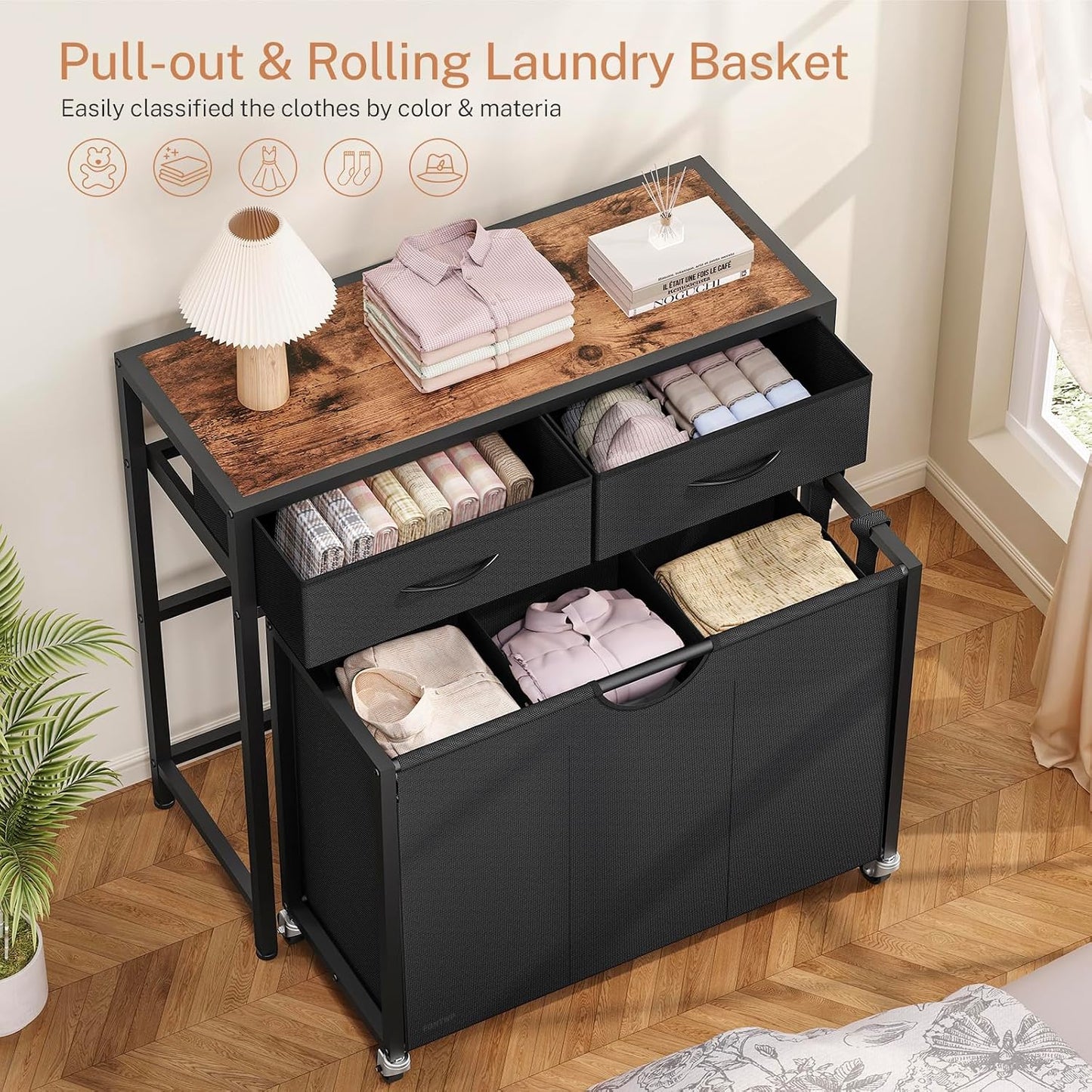Laundry Sorter, Rolling Laundry Hamper with 3 Section Pull-Out Bags, Laundry Basket Organizer with 2 Drawers & 2-Tone Top Panel, Laundry Hamper with Wheels for Laundry Room Organization, Bathroom