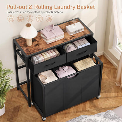 Laundry Sorter, Rolling Laundry Hamper with 3 Section Pull-Out Bags, Laundry Basket Organizer with 2 Drawers & 2-Tone Top Panel, Laundry Hamper with Wheels for Laundry Room Organization, Bathroom