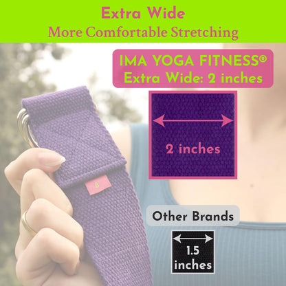Adaptive Yoga Strap for Stretching - Extra-Wide 2 Inches 100% Cotton Stretch Strap with Steel D-Rings for Physical Therapy, Pilates & Flexibility - Storage Pouch & E-Book