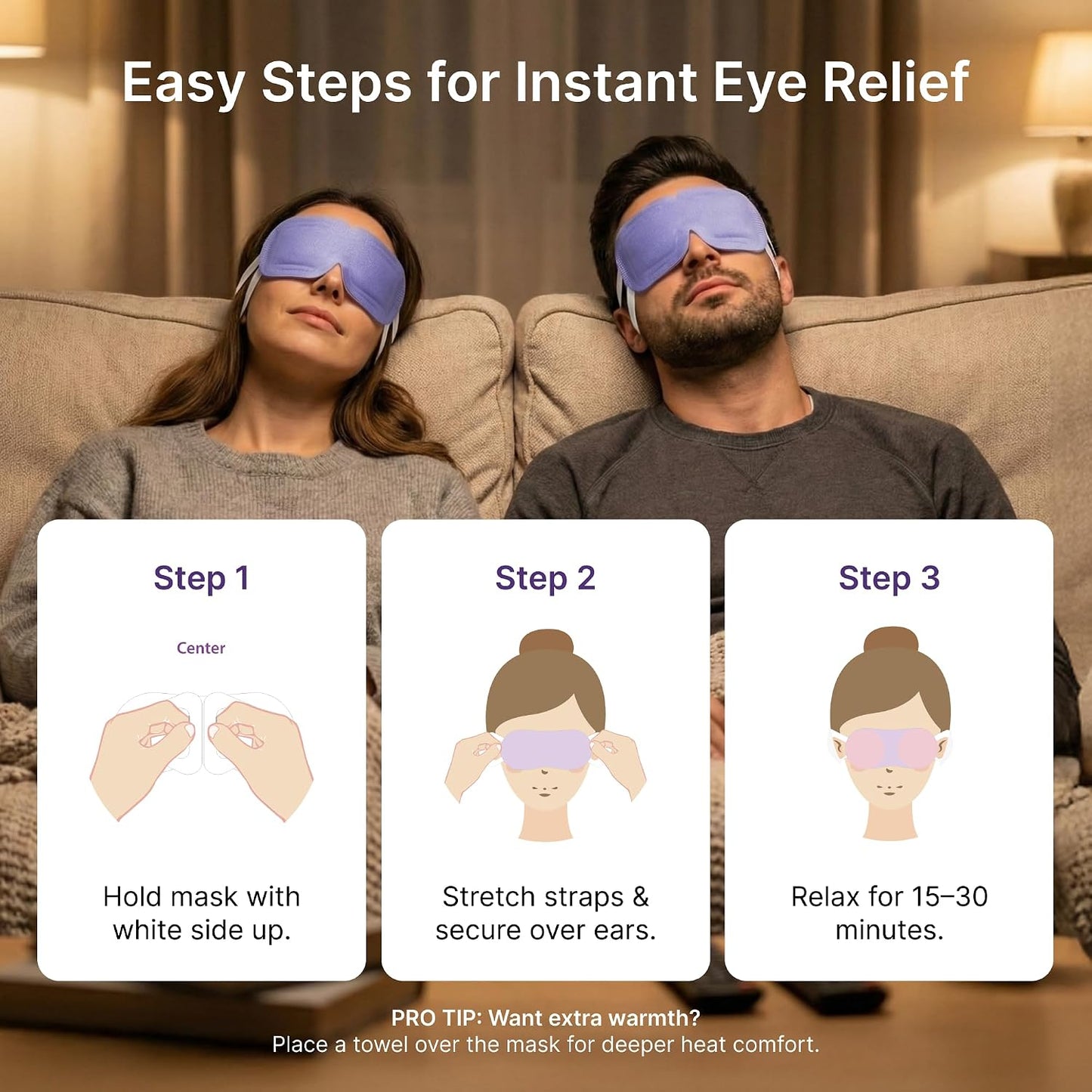 Steam Eye Mask 30 Pack – Self Heating Warm Compress for Dry Eyes & Puffy Eyes, Lavender Heated Eye Mask for Sleep & Relaxation, Disposable for Eye Strain & Travel (Purple)