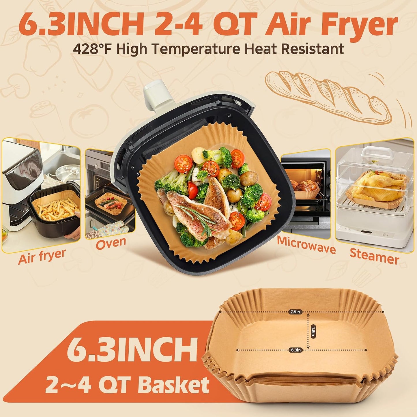 Air Fryer Liners Disposable 125 Pcs, 8 Inch Paper for 5-8 QT Air Fryers | Square Unbleached Parchment Paper, Non-Stick, Greaseproof for Baking, Roasting, Microwave, Oven, Airfryer Basket Accessories