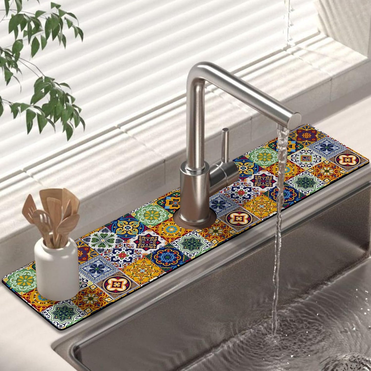 Kitchen Sink Splash Guard Faucet Mat 24" X 5.5" Tropical Leavesl Absorbent Fast Drying Mat Faucet Draining Mat Sink Splash Guard Behind Faucet Drip Catcher for Kitchen Bathroom