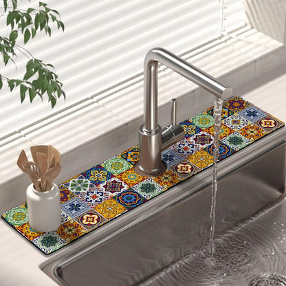 Kitchen Sink Splash Guard Faucet Mat 24" X 5.5" Tropical Leavesl Absorbent Fast Drying Mat Faucet Draining Mat Sink Splash Guard Behind Faucet Drip Catcher for Kitchen Bathroom