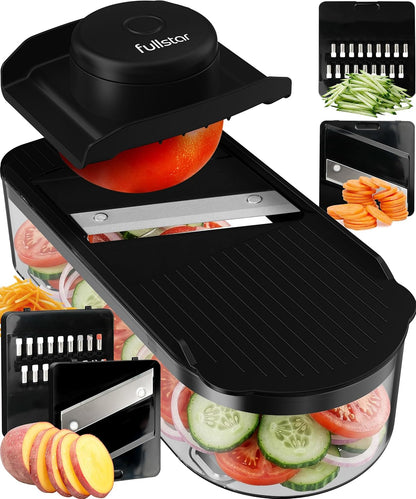 Fullstar Essential Mandoline Vegetable Slicer & Julienne Cutter | 4 in 1 Compact Fruit Cutter, Cucumber Slicer & Cheese Grater, with Stainless Steel Blades, Guard & 3-Cup Container (Black)