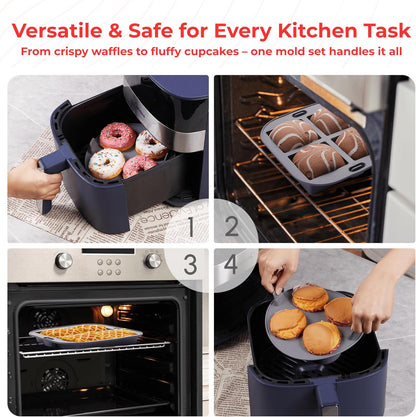 EM 4-pc Silicone Air Fryer Liners Baking Set for Cake, Donut, Waffle, and Brownie - Reusable Silicone Baking Molds for 3-5 Qt Airfryers - Easy to Clean Air Fryer Baking Accessories for Home Bakers