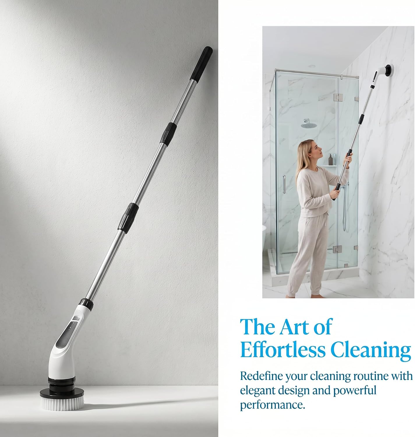 Electric Spin Scrubber - Ditch the Scrubbing! Long Handle Shower Scrubber with 9 Replaceable Heads & 2 Speed Cordless Brush in Modern White!
