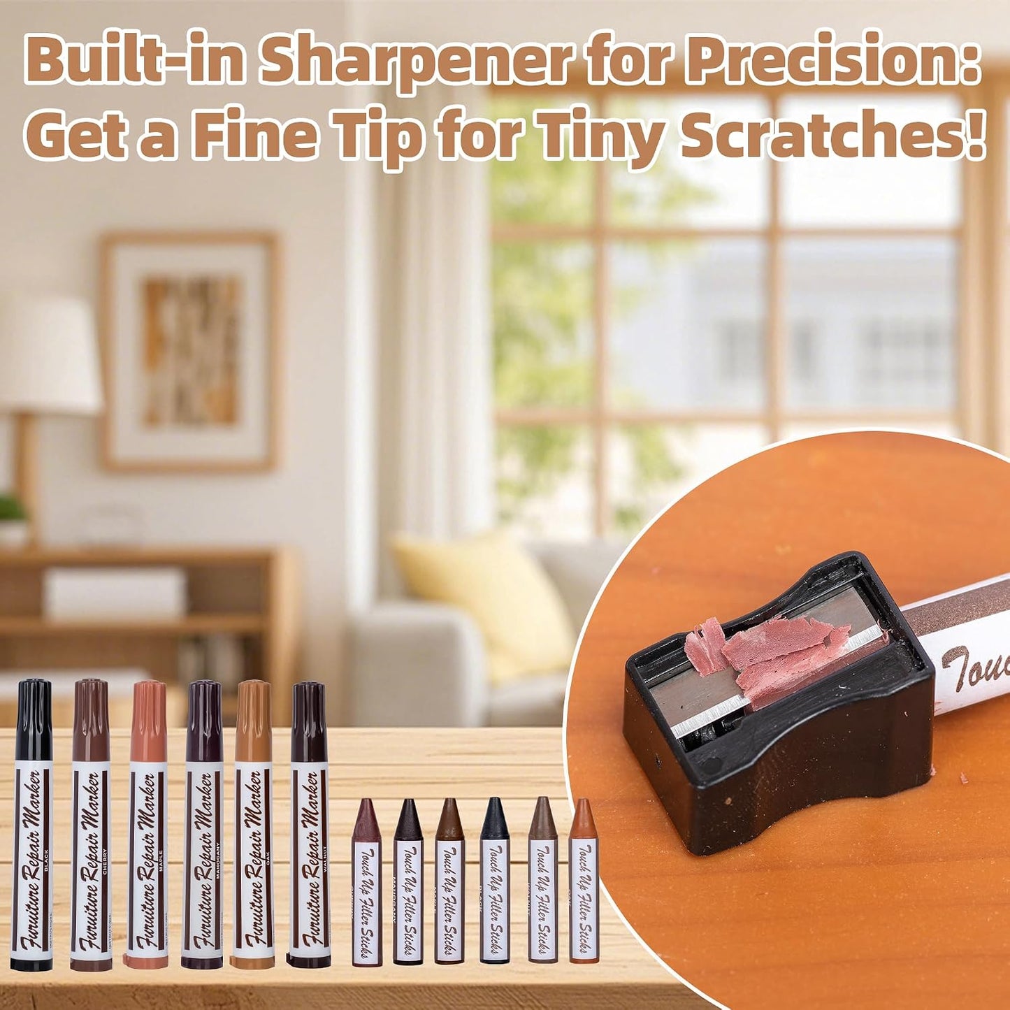 Wooden Furniture Floor Scratch Repair Markers, Wood Touch Up Markers with Sharpener, Furniture Touch Up Pens for Wood Floors, Tables, Cabinets, Doors, Quick