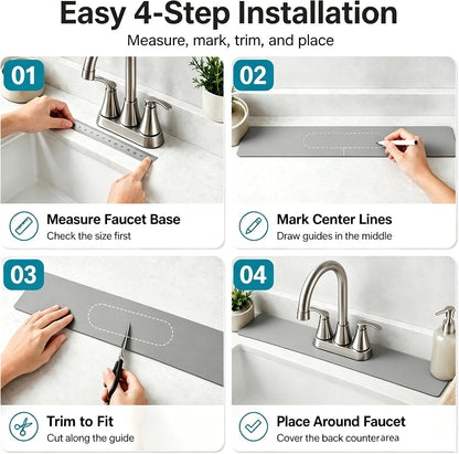 29"L x 5.5"W Customizable Grey Faucet Mat: Quick Dry Extra Absorbent Sink Mat & Bathroom Counter Protector - Freely Custom Cuttable with 2 or 3 Hole Faucet Design - Extra Long Splash Guard Pad