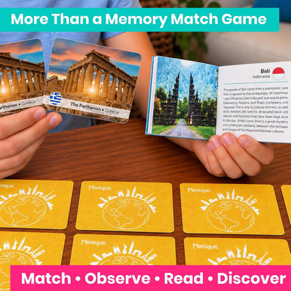 Menique Explore the World Memory Matching Game – Geography Game with 100 Photo Cards, 50 Countries, Flags & Landmarks – Travel Card Game with Educational Booklet, Ages 3+