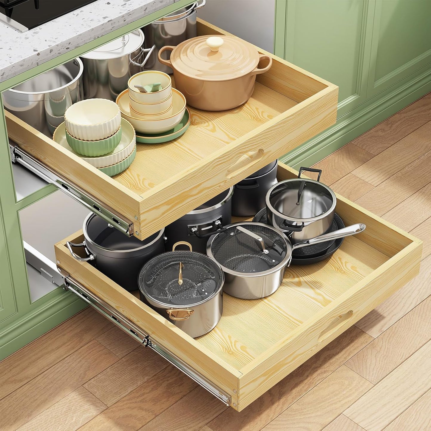 Pull Out Cabinet Organizer, Soft Close Wooden Slide Out Drawers for Pots and Pans, Full-extension Roll Out Shelves for Kitchen Cabinets, Pantry Organization, Bottom & Side Mount(15"W X 21"D x 3.4''H)