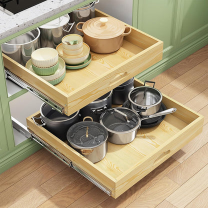 Pull Out Cabinet Organizer, Soft Close Wooden Slide Out Drawers for Pots and Pans, Full-extension Roll Out Shelves for Kitchen Cabinets, Pantry Organization, Bottom & Side Mount(15"W X 21"D x 3.4''H)