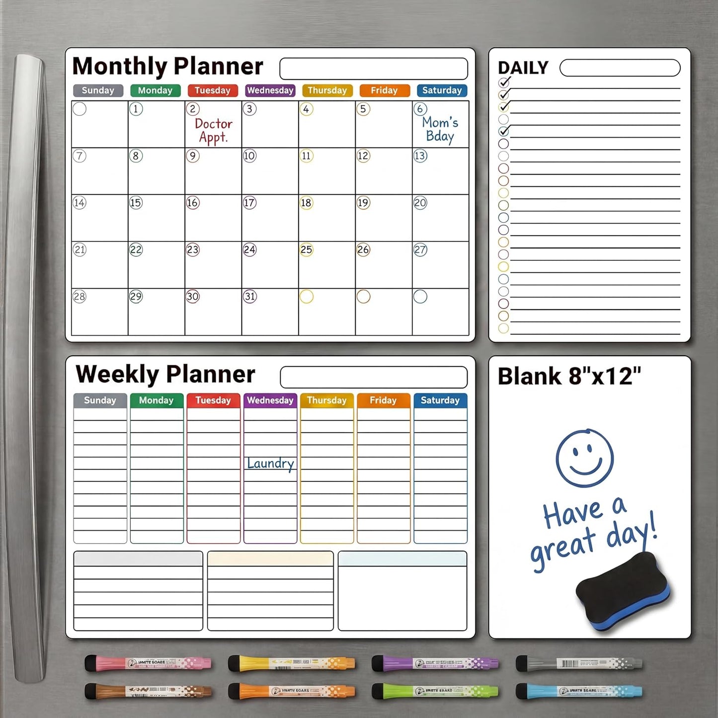 Magnetic Calendar for Refrigerator, Fridge Calendar 3-Pack | Monthly Weekly Daily Dry Erase Calendar Planner Set with Nano-Tech Surface, 17"x12" Magnetic Whiteboard, 8 Markers & Eraser