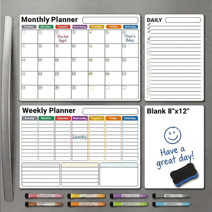 Magnetic Calendar for Refrigerator, Fridge Calendar 3-Pack | Monthly Weekly Daily Dry Erase Calendar Planner Set with Nano-Tech Surface, 17"x12" Magnetic Whiteboard, 8 Markers & Eraser