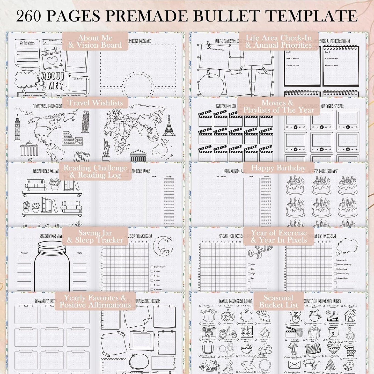 Everloria Premade Dotted Journal Notebook, 12 Months Pre-made Bullet Templates, 260 Hand-Drawn Coloring Pages, Undated Weekly & Monthly Planner, 7.8"x9.3" Leather Dot Grid Habit Mood Tracker