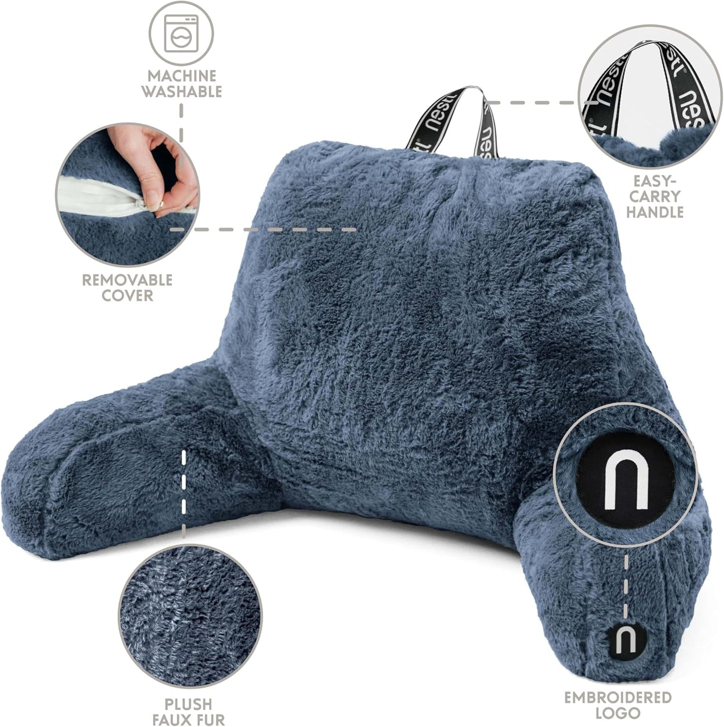 Nestl Fur Reading Pillow with Shredded Memory Foam, Stylish Back Pillow for Bed Sitting Up, Faux Fur Reading Pillows for Sitting in Bed Adult & Kids, Sit Up Back Support Pillow with Arms - Dark Grey