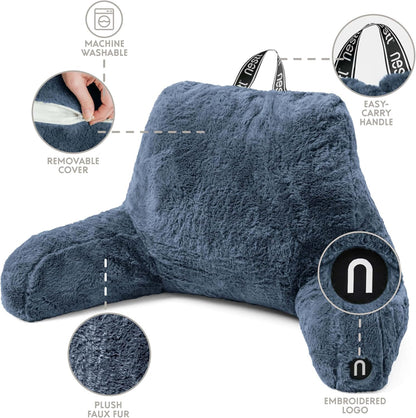 Nestl Fur Reading Pillow with Shredded Memory Foam, Stylish Back Pillow for Bed Sitting Up, Faux Fur Reading Pillows for Sitting in Bed Adult & Kids, Sit Up Back Support Pillow with Arms - Dark Grey
