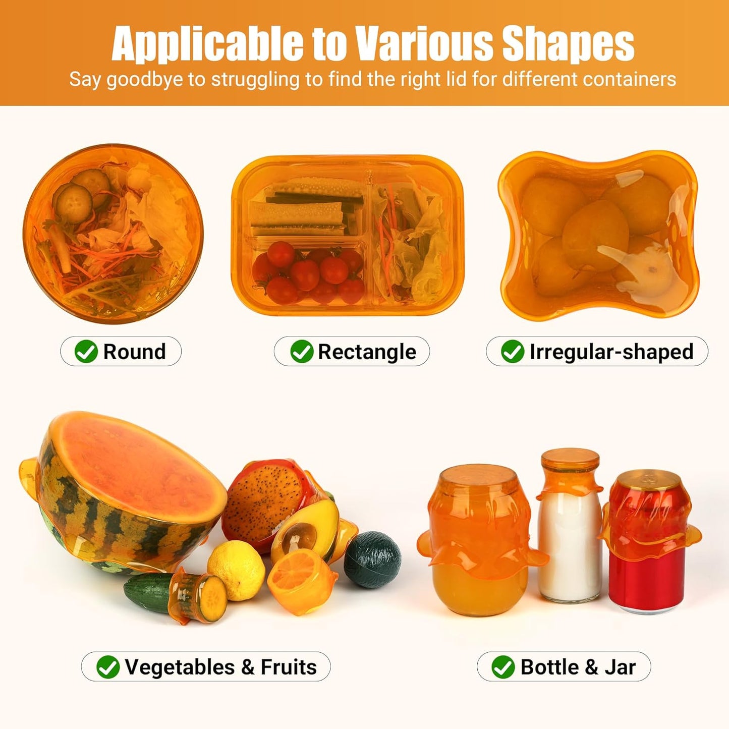 Silicone Stretch Lids for Food Storage in Fridge, Reusable Elastic Bowl Covers for Cup, Cans, Jars, Round & Rectangle Container, Food Grade Silicone Microwave Food Cover, Heat-Resistant, 6PCS