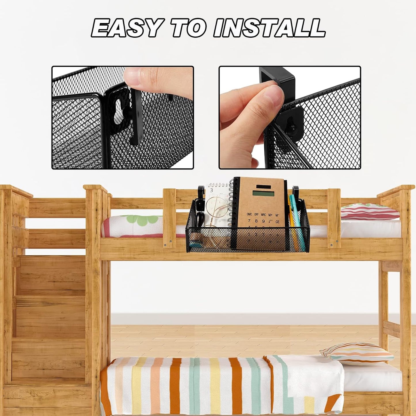 2 Pcs Hanging Bedside Caddy Shelf for Bunk Bed College Dormroom Essentials | with 10 Pairs Hooks, for Back to School Railing Office Cubical Walls Hospital Bed Book Phones Drinks Plan
