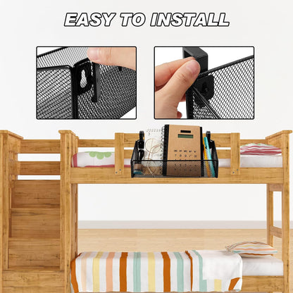 2 Pcs Hanging Bedside Caddy Shelf for Bunk Bed College Dormroom Essentials | with 10 Pairs Hooks, for Back to School Railing Office Cubical Walls Hospital Bed Book Phones Drinks Plan