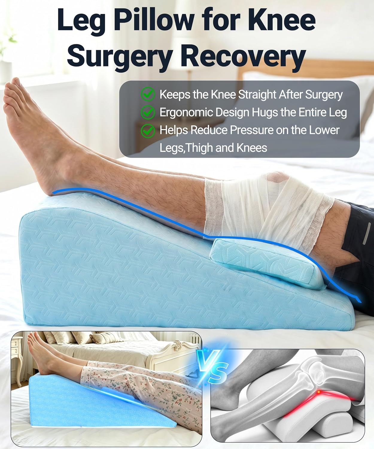 Knee Surgery Pillow Straight Double Leg for Swelling & Blood Circulation | ACL Surgery, Full Knee Replacement Wedge Pillow, High Density Foam Wedge for Elevating Leg with Removable Cover
