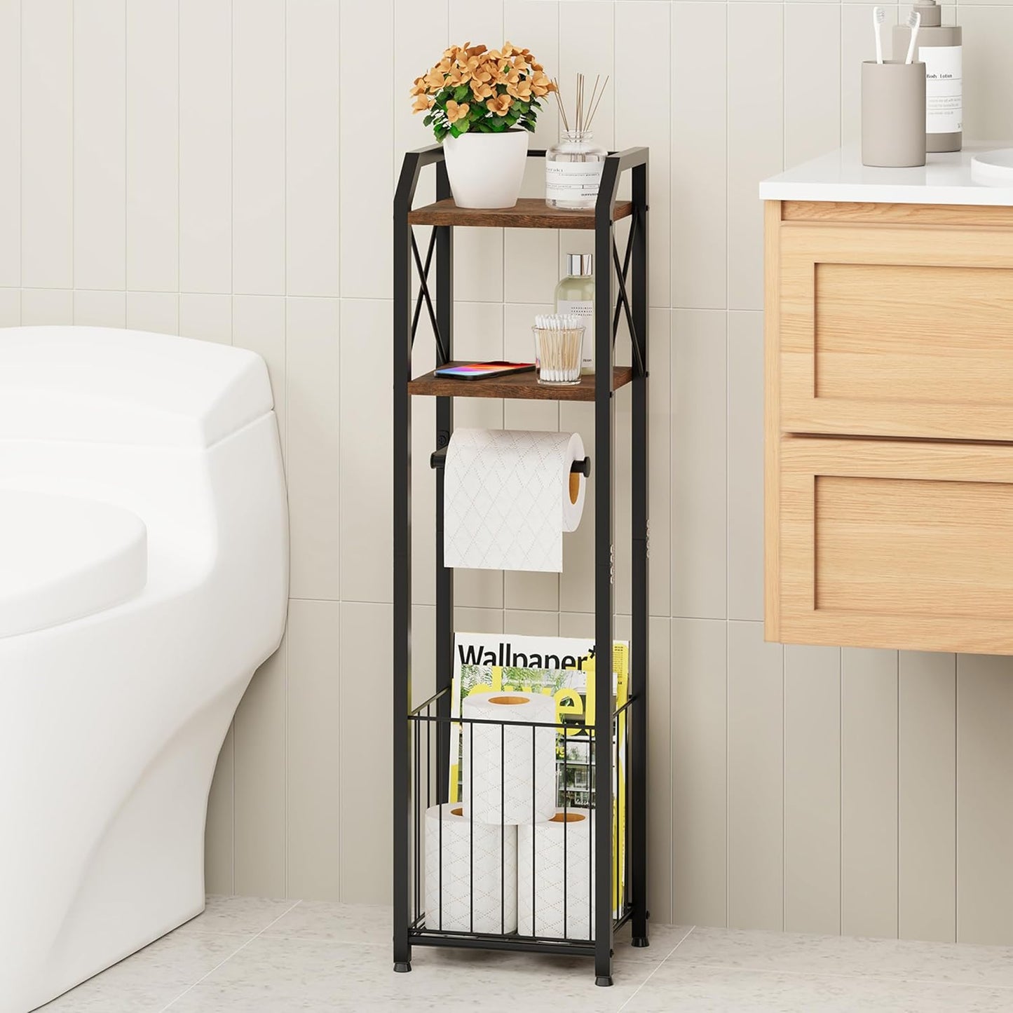 HapiRm Freestanding Toilet Paper Holder - 4-Tier Bathroom Tissue Organizer with Wood Shelves and Large Basket, Toilet Paper Holder Stand for Bathroom, Laundry Room, Apartment - Black（Large）