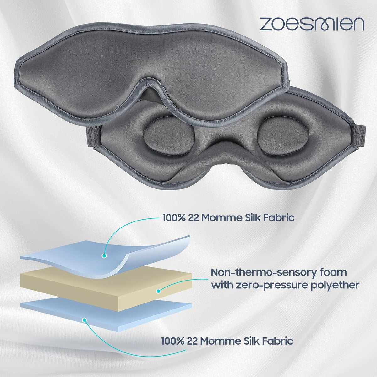 22mm Mulberry Silk Sleep Mask,3D Lash Friendly Eye Mask Adjustable Gray