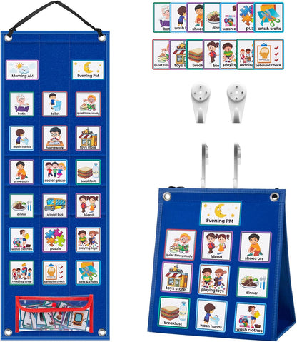 KIKIGOAL Kids Visual Schedule Calendar Chart, 2 in 1 Autism Daily Chore Routine Chart with 96 Cards Autism Learning Materials Bedtime Routine for Toddlers Home School