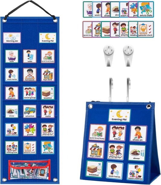 KIKIGOAL Kids Visual Schedule Calendar Chart, 2 in 1 Autism Daily Chore Routine Chart with 96 Cards Autism Learning Materials Bedtime Routine for Toddlers Home School