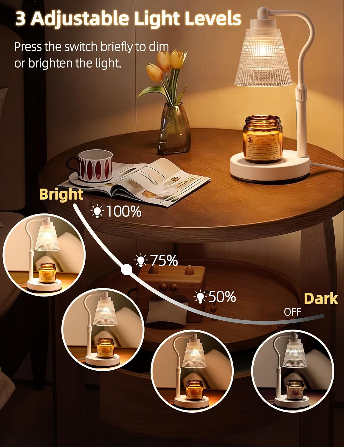 Candle Warmer Lamp for Jar Candles, Height Adjustable & Dimmable with 2/4/8H Timer, 2*50W Halogen Wax Melter Warmer for Home Office Décor, Flameless & Smokeless, Gift for Women Mom, Black-Clear/1 Pack